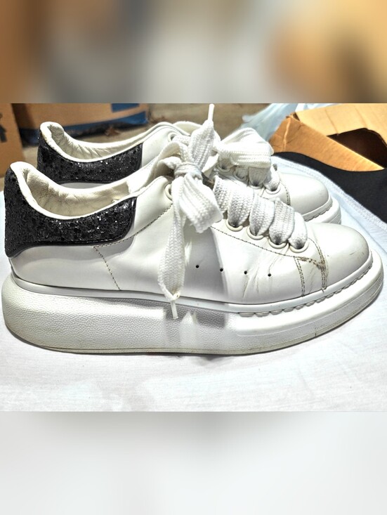 Alexander McQueen Shoes - Alexander McQueen White Leather Platform Sneakers with Black Glitter Heel Tab